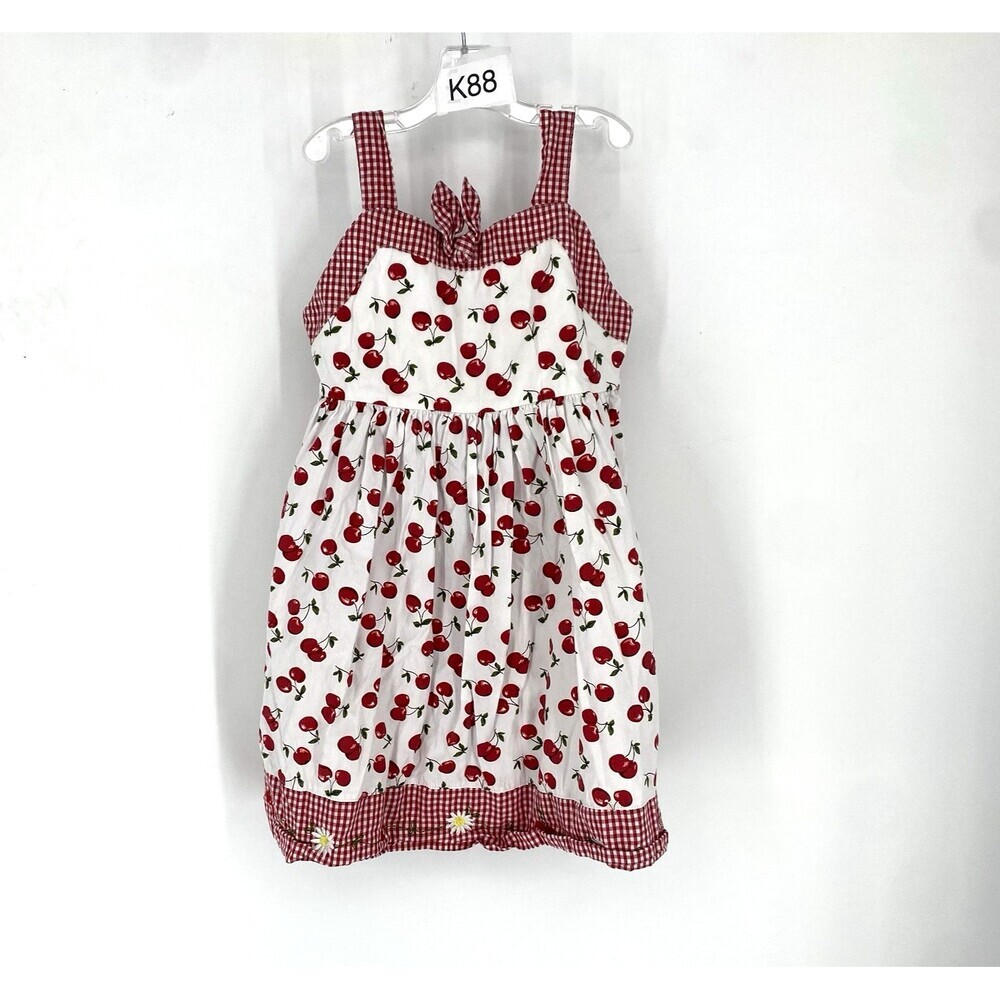 Blueberi Boulevard Girl's Red White Cherry Gingham Print Dress Size 6 Embroider